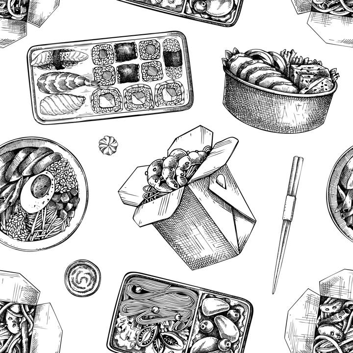 Asian cuisine background. Hand-drawn vector illustration. Fast food seamless pattern. Paper boxes for takeaway food, plastic containers for delivery.